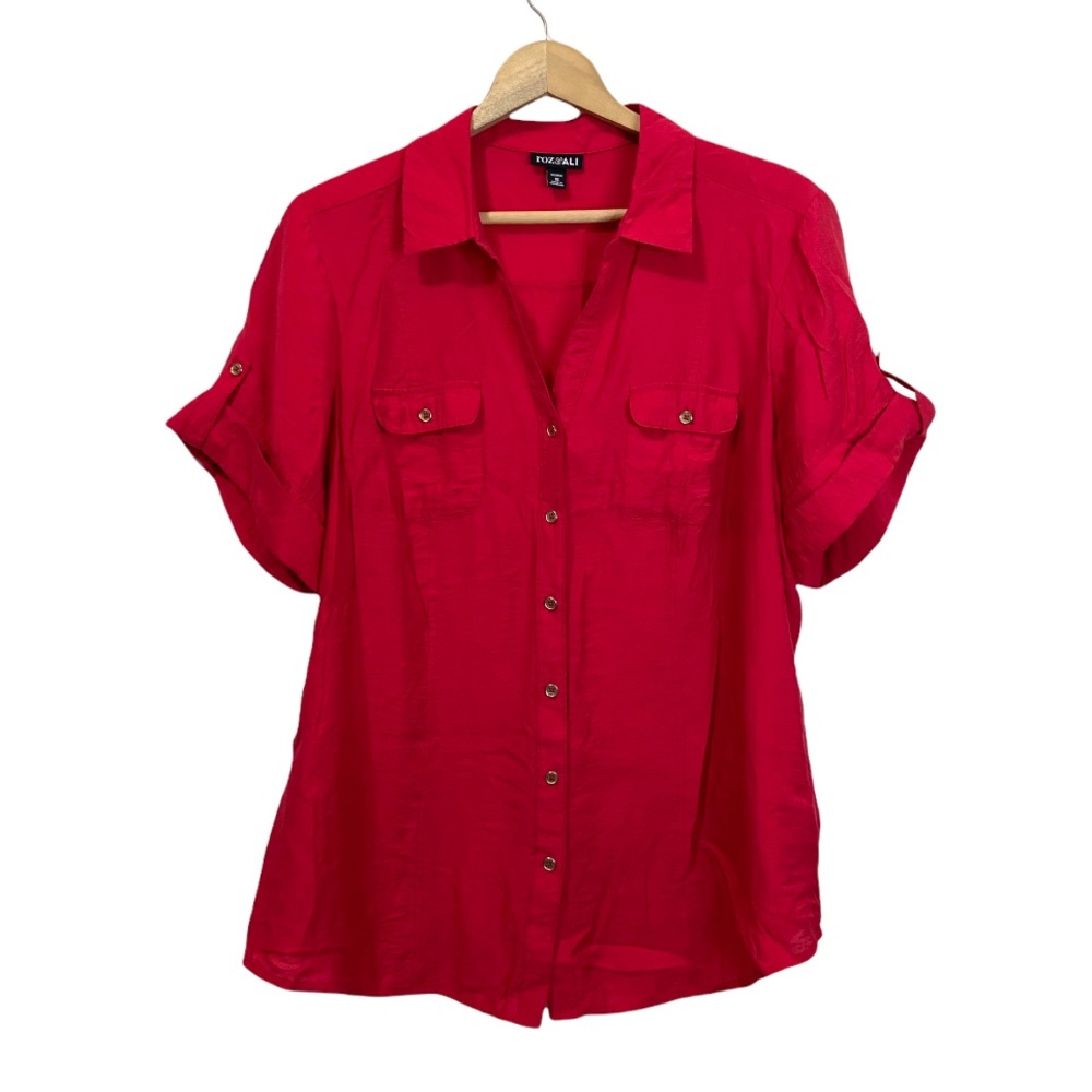 Roz & Ali Women’s Size 1X Red Blouse Button Up Top- Roll Tab Sleeves